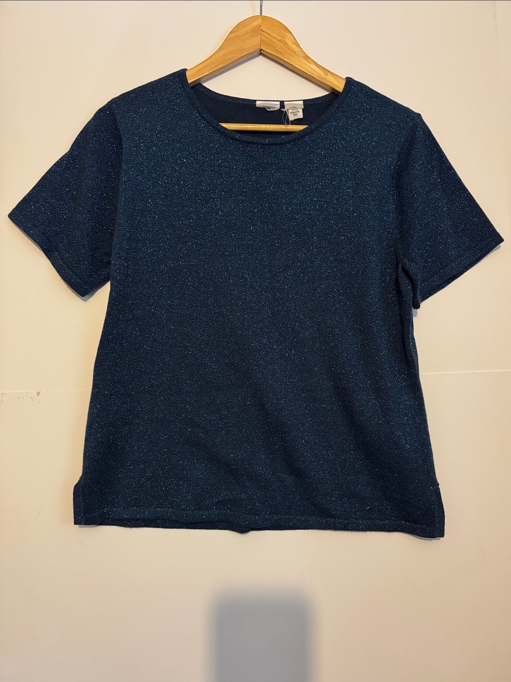 Navy Sparkle Metallic Knit Top  Womens S/M Short Sleeve Crew Neck Party Festive